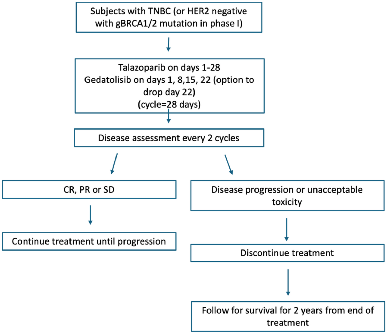 Phase I/II trial investigating gedatolisib plus talazoparib in advanced triple negative or BRCA1/2 positive, HER2 negative breast cancers