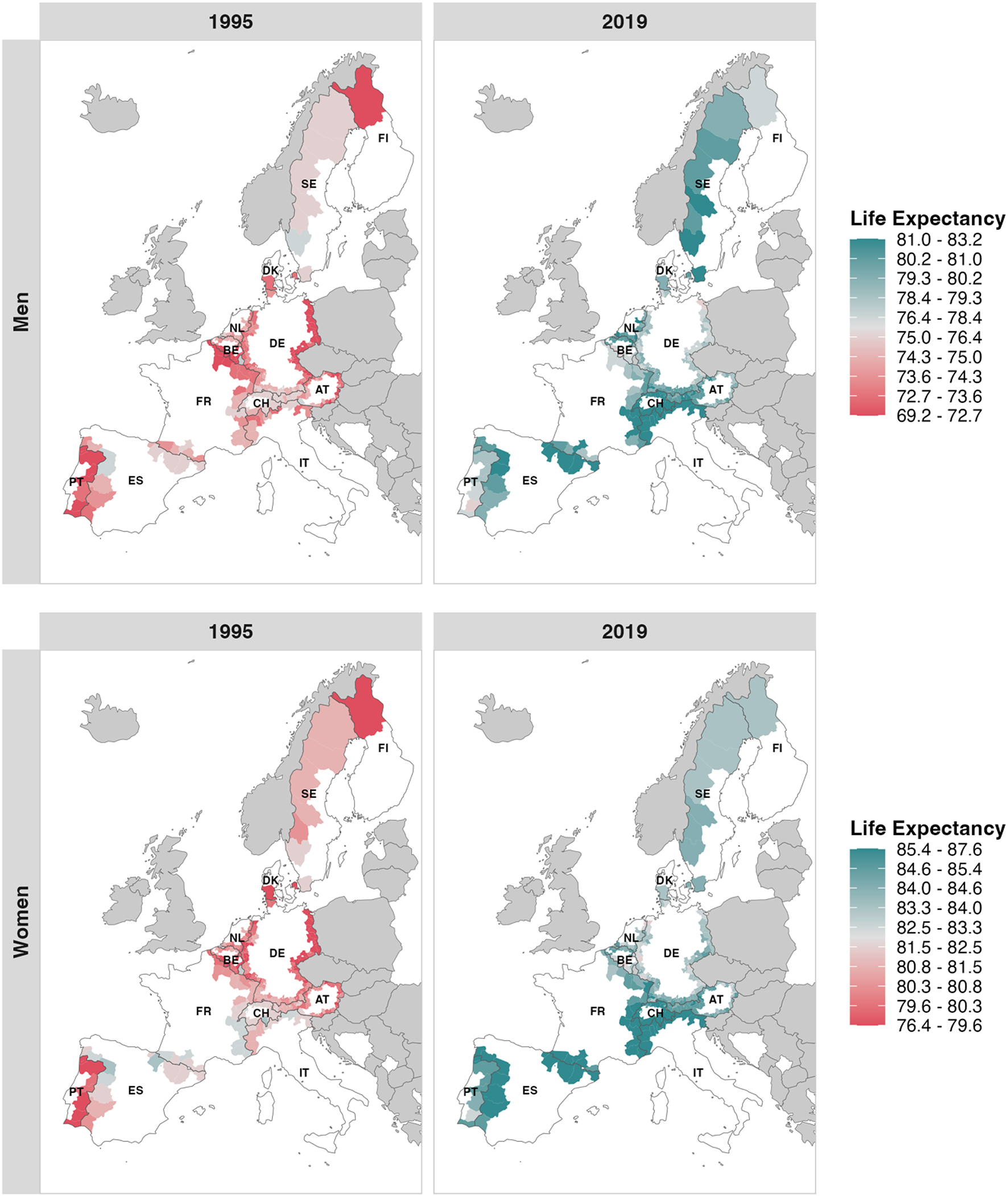 Getting closer to each other? Convergence and divergence patterns of life expectancy in 277 border regions of Western Europe 1995–2019