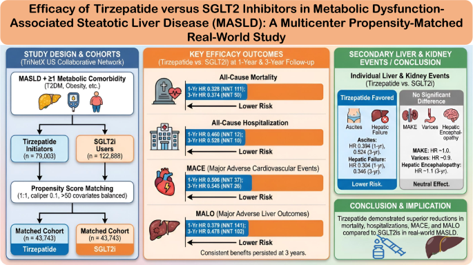 Efficacy of tirzepatide versus SGLT2 inhibitors in metabolic dysfunction-associated steatotic liver disease (MASLD): a multicenter propensity-matched real-world study